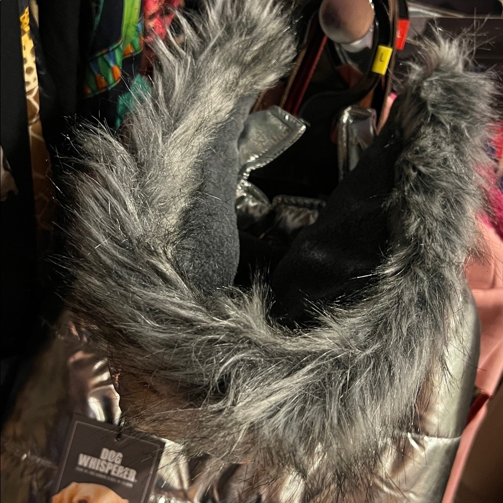 Metallic Silver Dog Winter Coat w/fleece inside- Removable Hood w/Faux Fur Trim - Picture 15 of 16